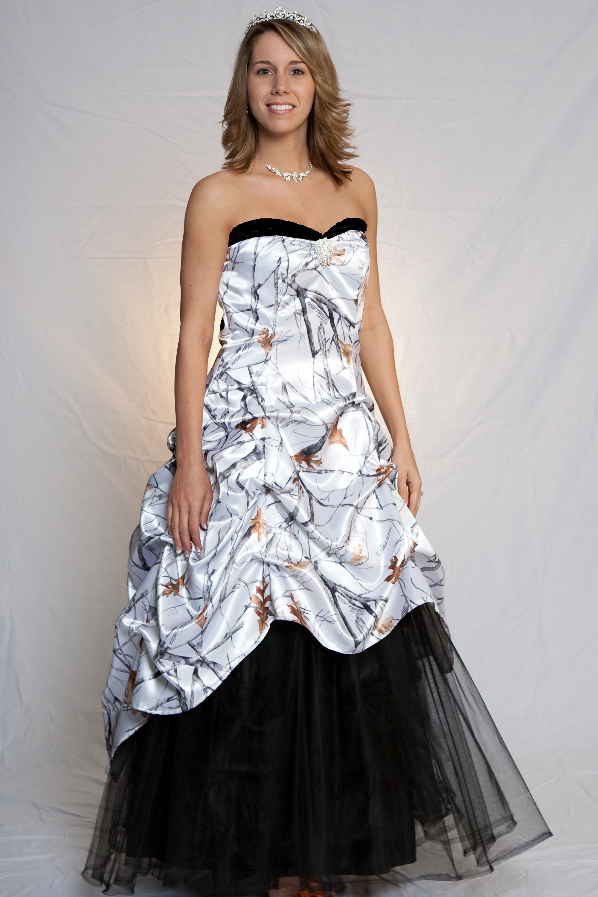 Sale 3011 Strapless Satin Camo Wedding Gown with Tulle, No Train