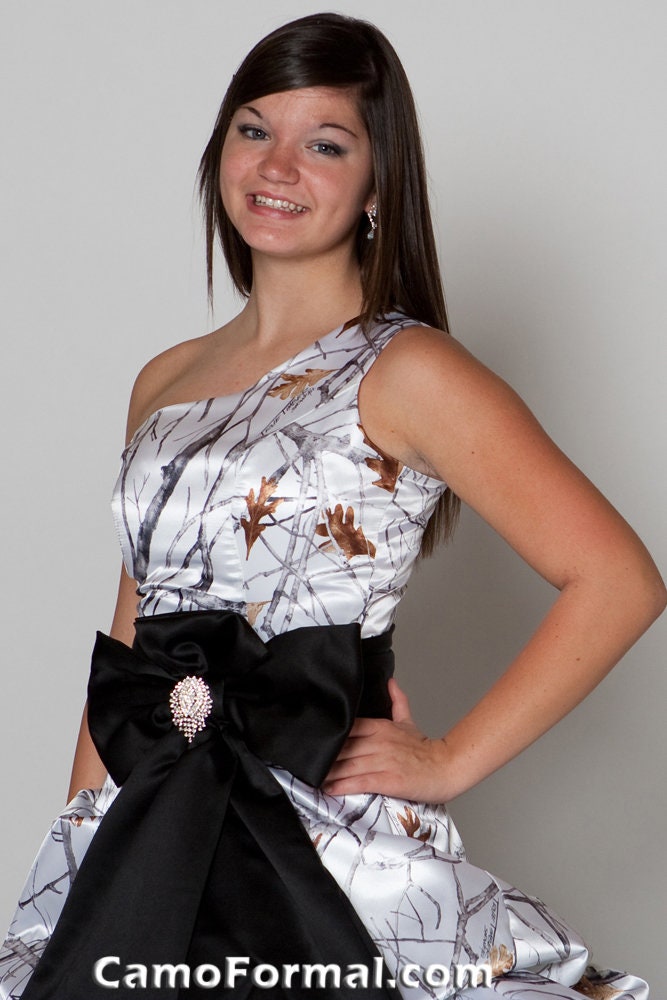 Sale 3071 Realtree AP Snow Camo 1 Shoulder Ball Gown, With Colored Tulle Of Your Choice