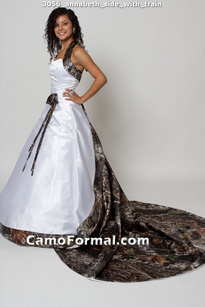 Sale 3056 White and Camo Wedding Gown , With Detachable Train, Realtree APG Size 4