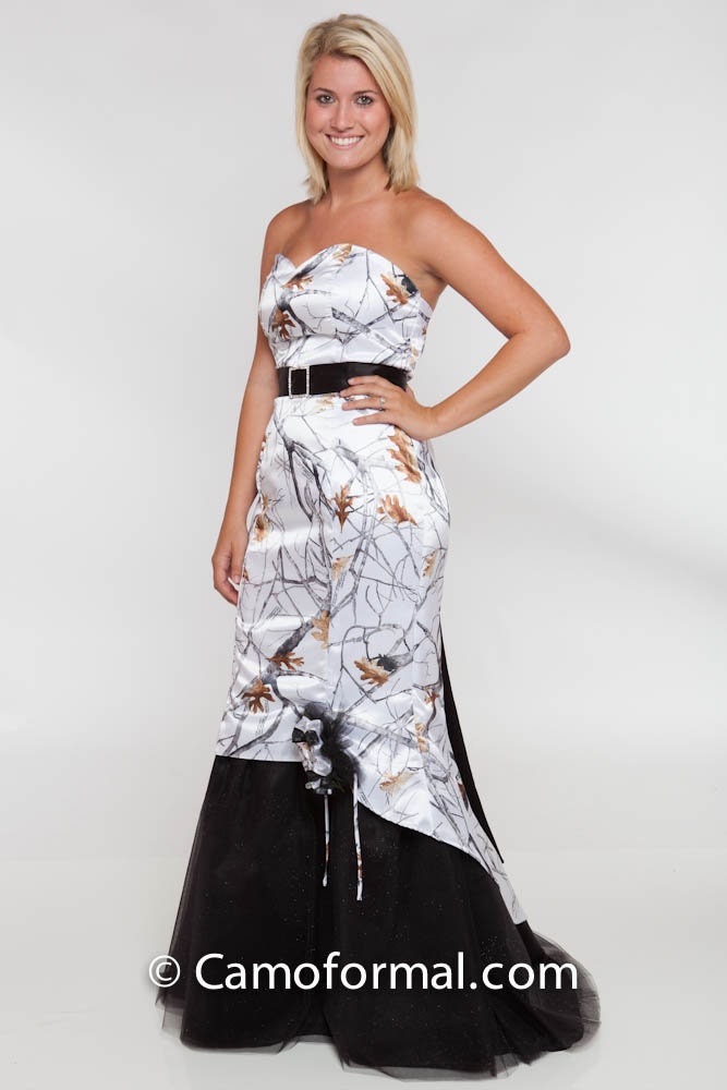 Sale 3808 Strapless True Timber Snowfall With Black Accents With Small Sweep Train, Size 12
