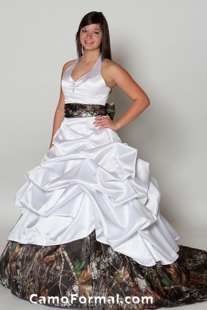SALE 3070 Halter White Wedding Gown, With Camo (Your Choice) Train