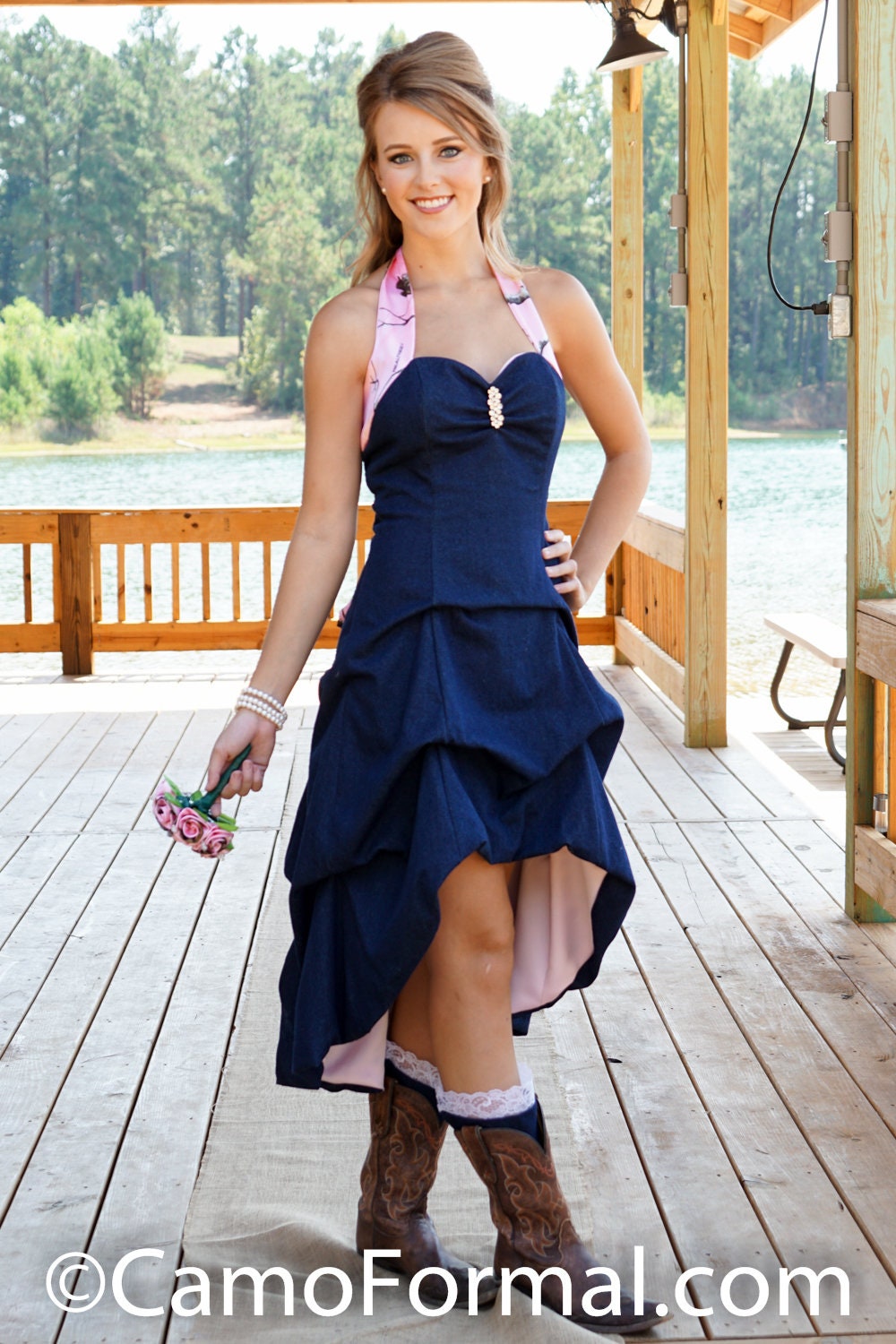 Sale Denim Extreme Hi-Low Dress With Pickups, Accented Realtree AP Pink Size 8