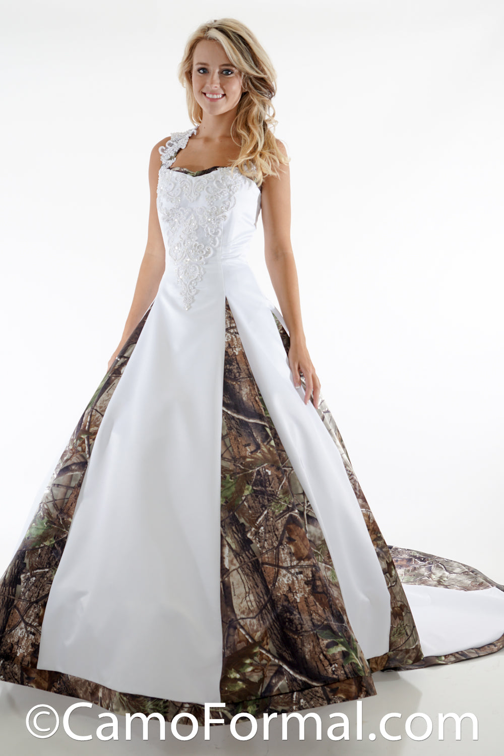 * 8890 A-Line Halter Wedding Gown with Camo Godets