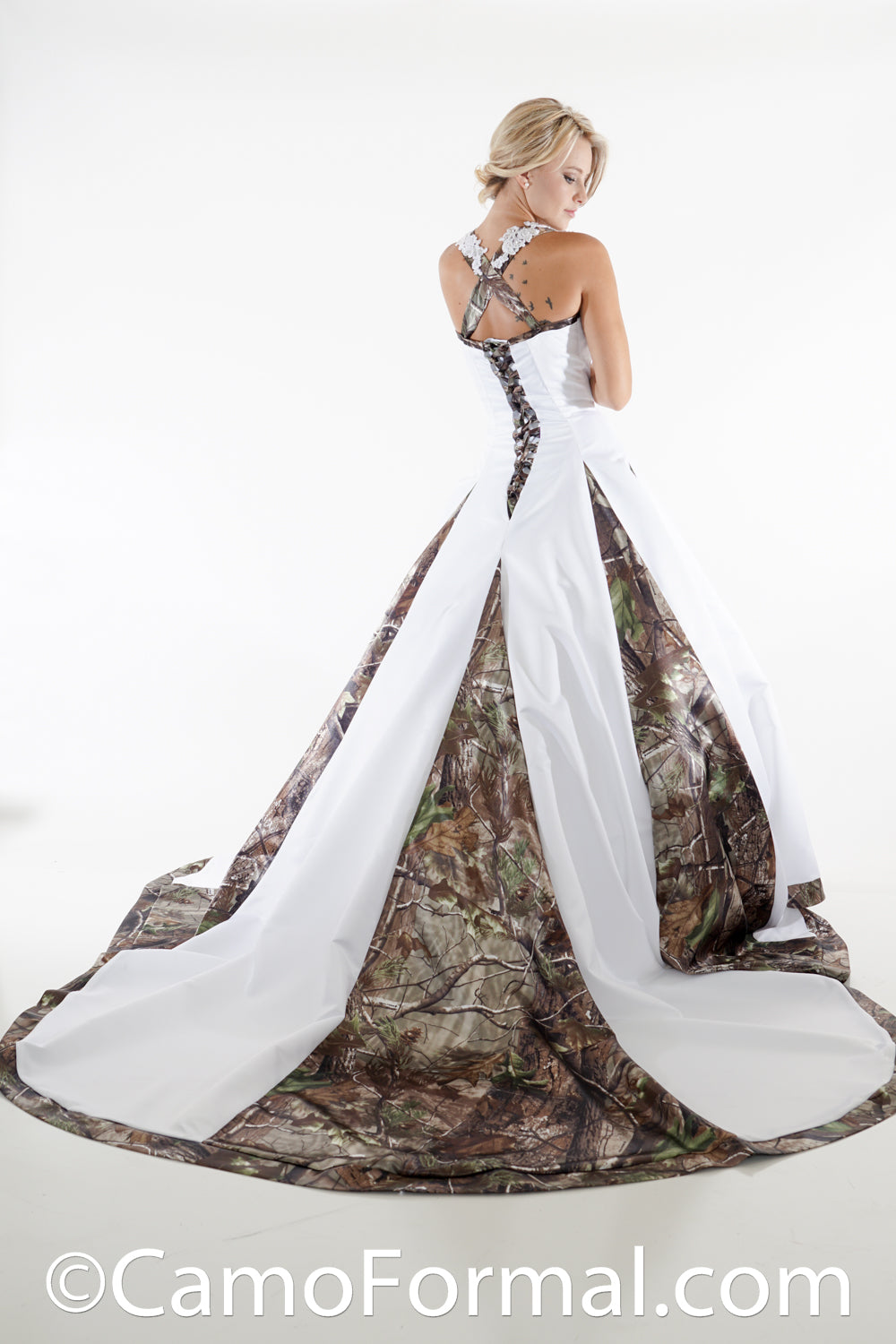* 8890 A-Line Halter Wedding Gown with Camo Godets