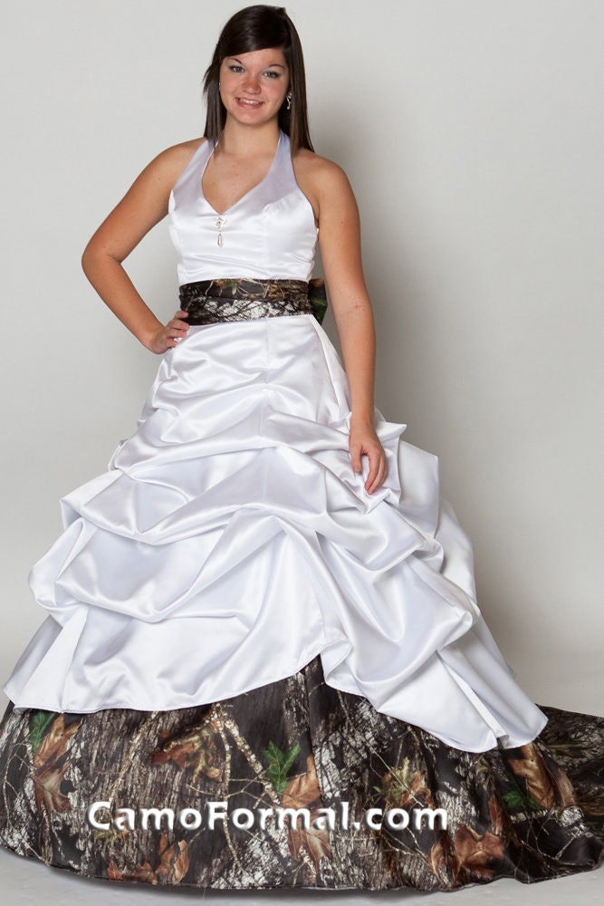 SALE 3070 Halter White Wedding Gown, With Camo (Your Choice) Train