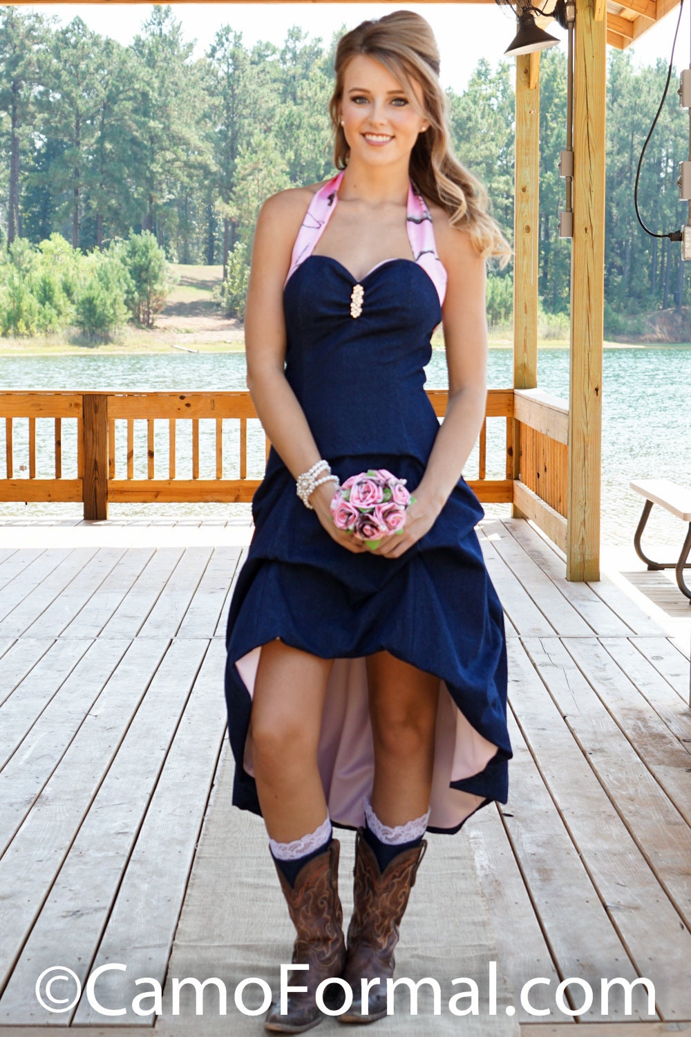 Sale Denim Extreme Hi-Low Dress With Pickups, Accented Realtree AP Pink Size 8