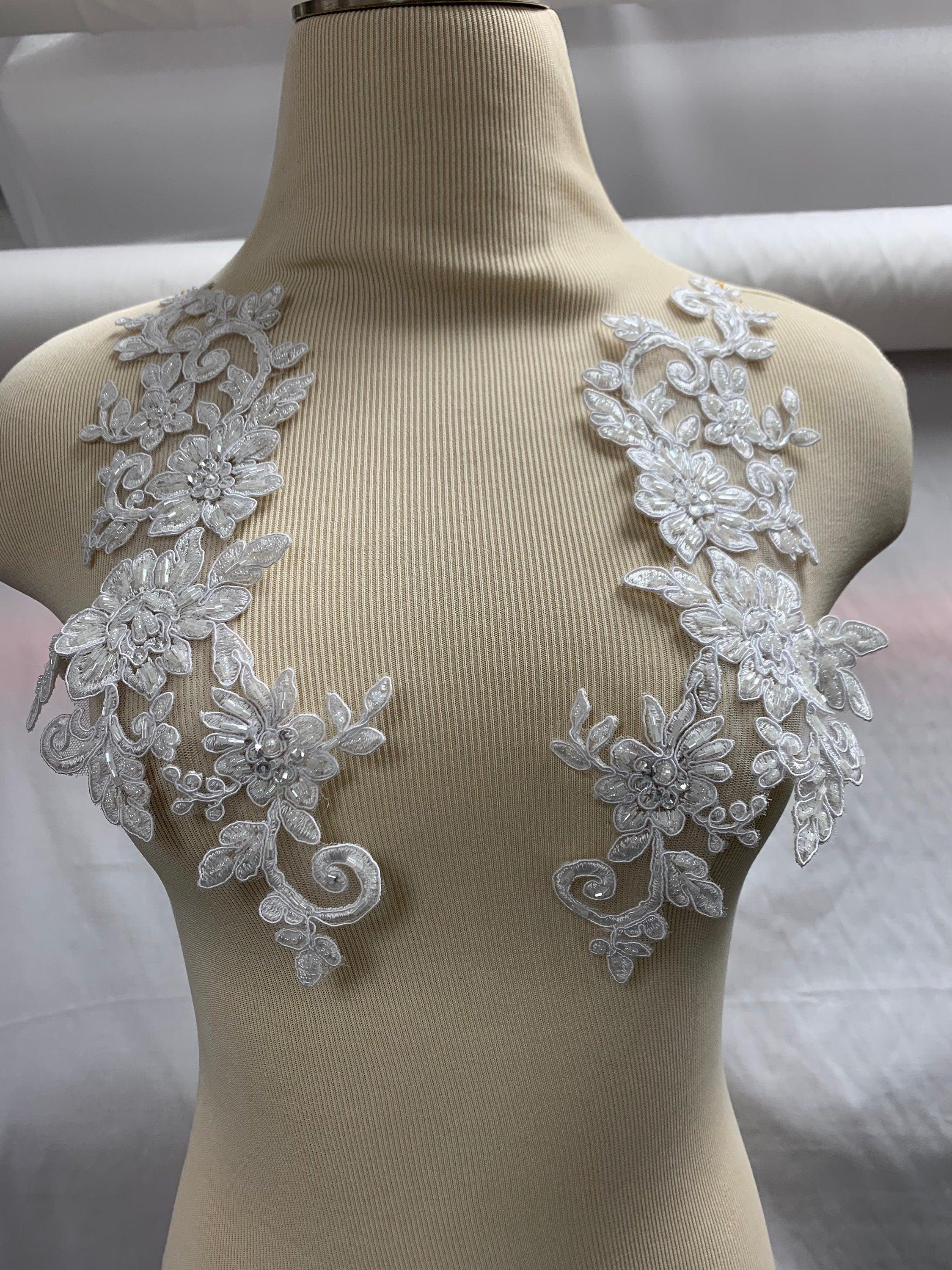 Lace Appliques, Qty 2, Lightly Accented with Sequins, Pearls and Beads