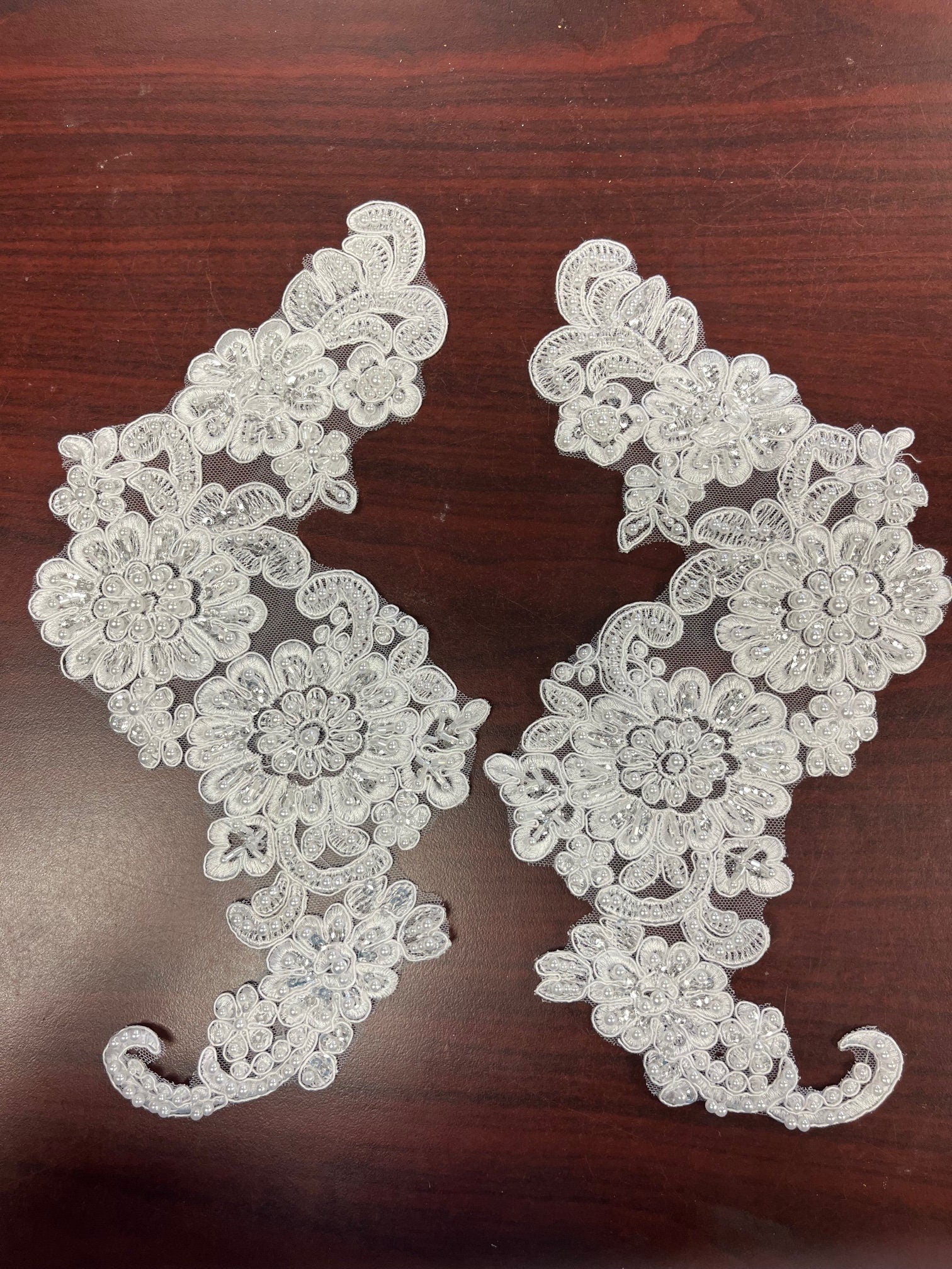 Lace Appliques, Qty 2, Lightly Accented with Sequins, Pearls and Beads